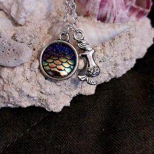 Mermaid scale necklace with silver charm mermaid.